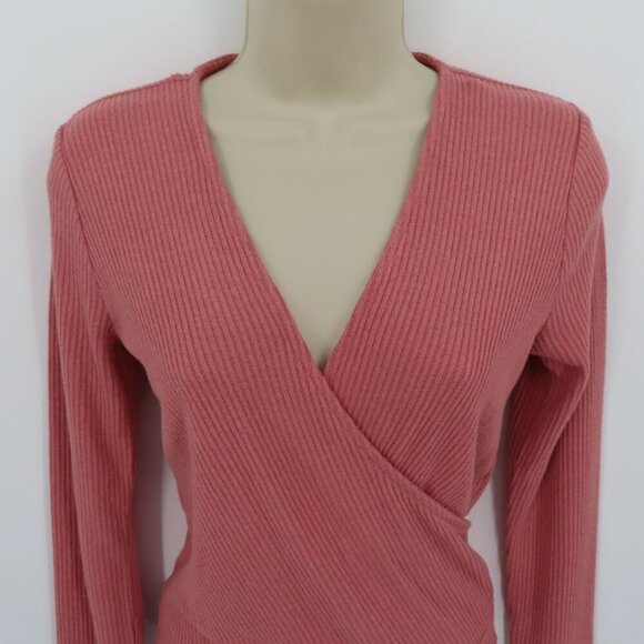 Express Women Small Pink Ribbed V Neck Wrap Long Sleeve Bodysuit One Piece NEW - Picture 2 of 10